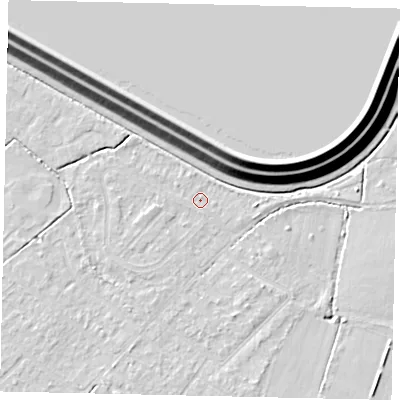 Shaded relief map of the ground around KT123AT, computed from Environment Agency LiDAR. The ground here sits at about 12 m above sea level and falls 16 m across the surrounding 800 m. Surface water reaching this point runs off ground lying to the south, 0.7 m higher.