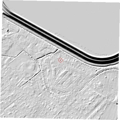 Shaded relief map of the ground around KT123AU, computed from Environment Agency LiDAR. The ground here sits at about 12 m above sea level and falls 16 m across the surrounding 800 m. Surface water reaching this point runs off ground lying to the east-south-east, 0.6 m higher.