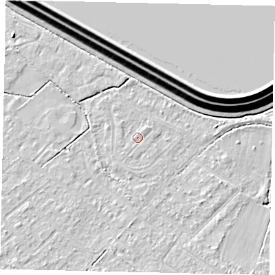 Shaded relief map of the ground around KT123AX, computed from Environment Agency LiDAR. The ground here sits at about 12 m above sea level and falls 16 m across the surrounding 800 m. Surface water reaching this point runs off ground lying to the north-east, 1.1 m higher.