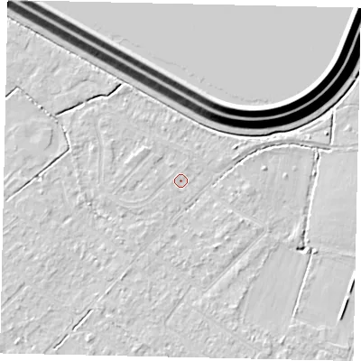 Shaded relief map of the ground around KT123AY, computed from Environment Agency LiDAR. The ground here sits at about 12 m above sea level and falls 16 m across the surrounding 800 m. Surface water reaching this point runs off ground lying to the south-south-east, 2.0 m higher.