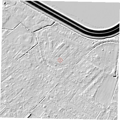 Shaded relief map of the ground around KT123AZ, computed from Environment Agency LiDAR. The ground here sits at about 12 m above sea level and falls 16 m across the surrounding 800 m. Surface water reaching this point runs off ground lying to the north, 0.9 m higher.