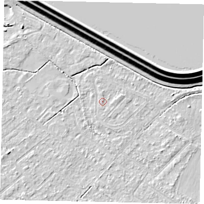 Shaded relief map of the ground around KT123BA, computed from Environment Agency LiDAR. The ground here sits at about 12 m above sea level and falls 15 m across the surrounding 800 m. Surface water reaching this point runs off ground lying to the east-north-east, 1.1 m higher.