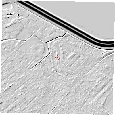 Shaded relief map of the ground around KT123BB, computed from Environment Agency LiDAR. The ground here sits at about 12 m above sea level and falls 15 m across the surrounding 800 m. Surface water reaching this point runs off ground lying to the east-north-east, 1.5 m higher.
