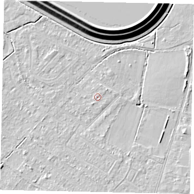 Shaded relief map of the ground around KT123BD, computed from Environment Agency LiDAR. The ground here sits at about 13 m above sea level and falls 16 m across the surrounding 800 m. Surface water reaching this point runs off ground lying to the north-east, 1.0 m higher.