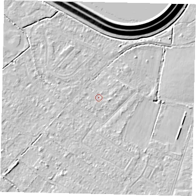 Shaded relief map of the ground around KT123BE, computed from Environment Agency LiDAR. The ground here sits at about 12 m above sea level and falls 16 m across the surrounding 800 m. Surface water reaching this point runs off ground lying to the east, 1.1 m higher.
