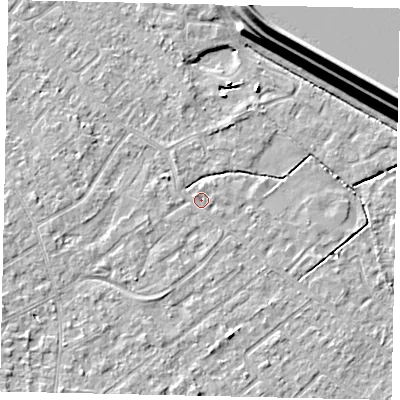 Shaded relief map of the ground around KT123BJ, computed from Environment Agency LiDAR. The ground here sits at about 12 m above sea level and falls 15 m across the surrounding 800 m. Surface water reaching this point runs off ground lying to the west-south-west, 2.0 m higher.