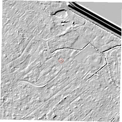 Shaded relief map of the ground around KT123BL, computed from Environment Agency LiDAR. The ground here sits at about 12 m above sea level and falls 15 m across the surrounding 800 m. Surface water reaching this point runs off ground lying to the south-south-east, 0.7 m higher.