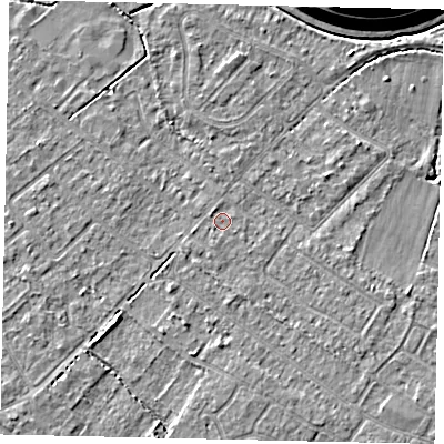 Shaded relief map of the ground around KT123DR, computed from Environment Agency LiDAR. The ground here sits at about 12 m above sea level and falls 16 m across the surrounding 800 m. Surface water reaching this point runs off ground lying to the north-west, 0.7 m higher.