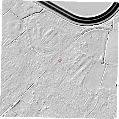 Shaded relief map of the ground around KT123DS, computed from Environment Agency LiDAR. The ground here sits at about 12 m above sea level and falls 16 m across the surrounding 800 m. Surface water reaching this point runs off ground lying to the south-south-east, 1.5 m higher.