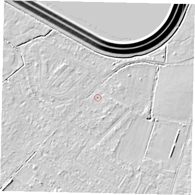 Shaded relief map of the ground around KT123DT, computed from Environment Agency LiDAR. The ground here sits at about 12 m above sea level and falls 16 m across the surrounding 800 m. Surface water reaching this point runs off ground lying to the east-south-east, 1.4 m higher.