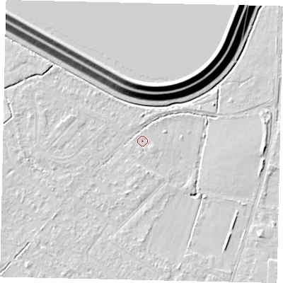 Shaded relief map of the ground around KT123DU, computed from Environment Agency LiDAR. The ground here sits at about 12 m above sea level and falls 16 m across the surrounding 800 m. Surface water reaching this point runs off ground lying to the east-south-east, 1.2 m higher.