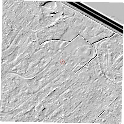 Shaded relief map of the ground around KT123EA, computed from Environment Agency LiDAR. The ground here sits at about 12 m above sea level and falls 15 m across the surrounding 800 m. Surface water reaching this point runs off ground lying to the south-west, 2.1 m higher.