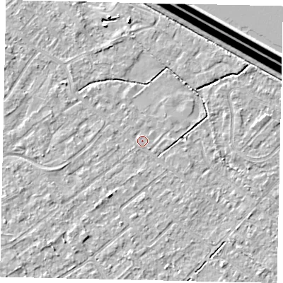 Shaded relief map of the ground around KT123EB, computed from Environment Agency LiDAR. The ground here sits at about 12 m above sea level and falls 15 m across the surrounding 800 m. Surface water reaching this point runs off ground lying to the south-west, 2.2 m higher.
