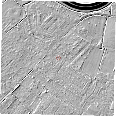 Shaded relief map of the ground around KT123EG, computed from Environment Agency LiDAR. The ground here sits at about 12 m above sea level and falls 16 m across the surrounding 800 m. Surface water reaching this point runs off ground lying to the south-south-east, 1.5 m higher.