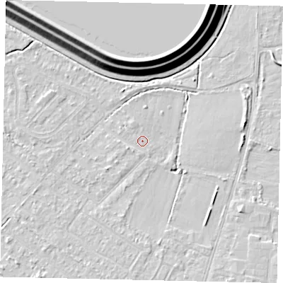 Shaded relief map of the ground around KT123EJ, computed from Environment Agency LiDAR. The ground here sits at about 12 m above sea level and falls 16 m across the surrounding 800 m. Surface water reaching this point runs off ground lying to the north-west, 0.7 m higher.