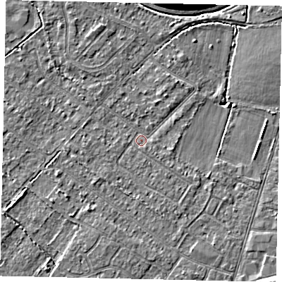 Shaded relief map of the ground around KT123EL, computed from Environment Agency LiDAR. The ground here sits at about 12 m above sea level and falls 9 m across the surrounding 800 m. Surface water reaching this point runs off ground lying to the south-south-east, 1.5 m higher.
