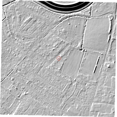 Shaded relief map of the ground around KT123EQ, computed from Environment Agency LiDAR. The ground here sits at about 12 m above sea level and falls 16 m across the surrounding 800 m. Surface water reaching this point runs off ground lying to the north, 1.4 m higher.