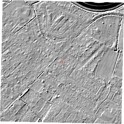 Shaded relief map of the ground around KT123ES, computed from Environment Agency LiDAR. The ground here sits at about 12 m above sea level and falls 16 m across the surrounding 800 m. Surface water reaching this point runs off ground lying to the west-north-west, 0.9 m higher.