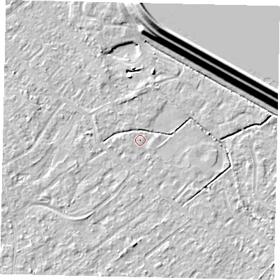 Shaded relief map of the ground around KT123FD, computed from Environment Agency LiDAR. The ground here sits at about 12 m above sea level and falls 15 m across the surrounding 800 m. Surface water reaching this point runs off ground lying to the south, 2.7 m higher.