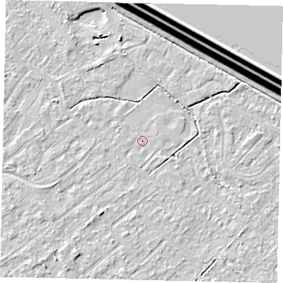Shaded relief map of the ground around KT123FE, computed from Environment Agency LiDAR. The ground here sits at about 12 m above sea level and falls 15 m across the surrounding 800 m. Surface water reaching this point runs off ground lying to the south-west, 2.1 m higher.