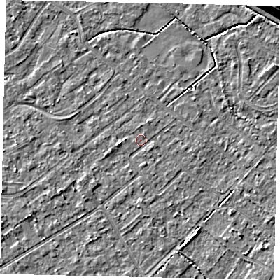 Shaded relief map of the ground around KT123JQ, computed from Environment Agency LiDAR. The ground here sits at about 12 m above sea level and falls 11 m across the surrounding 800 m. Surface water reaching this point runs off ground lying to the south-west, 1.9 m higher.