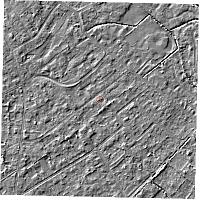 Shaded relief map of the ground around KT123LF, computed from Environment Agency LiDAR. The ground here sits at about 13 m above sea level and falls 4 m across the surrounding 800 m. Surface water reaching this point runs off ground lying to the east-south-east, 1.4 m higher.