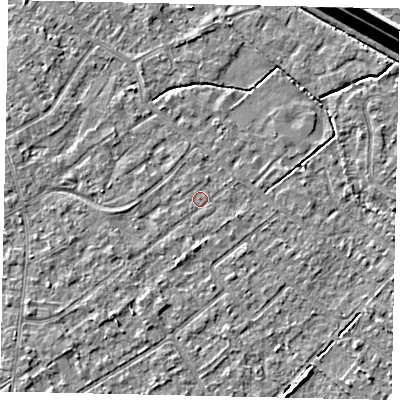 Shaded relief map of the ground around KT123LG, computed from Environment Agency LiDAR. The ground here sits at about 12 m above sea level and falls 15 m across the surrounding 800 m. Surface water reaching this point runs off ground lying to the south-west, 1.9 m higher.