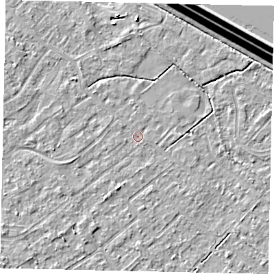 Shaded relief map of the ground around KT123LJ, computed from Environment Agency LiDAR. The ground here sits at about 12 m above sea level and falls 15 m across the surrounding 800 m. Surface water reaching this point runs off ground lying to the south-west, 2.1 m higher.