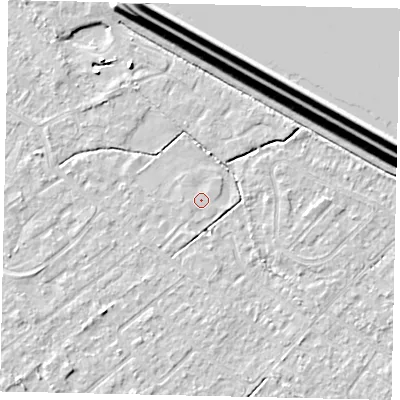 Shaded relief map of the ground around KT123LN, computed from Environment Agency LiDAR. The ground here sits at about 12 m above sea level and falls 15 m across the surrounding 800 m. Surface water reaching this point runs off ground lying to the south-south-west, 0.6 m higher.