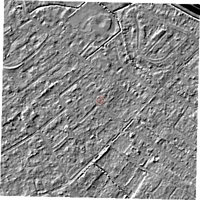 Shaded relief map of the ground around KT123LS, computed from Environment Agency LiDAR. The ground here sits at about 12 m above sea level and falls 14 m across the surrounding 800 m. Surface water reaching this point runs off ground lying to the north-north-east, 0.5 m higher.