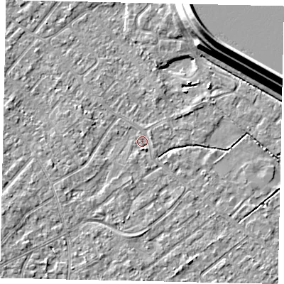 Shaded relief map of the ground around KT123LU, computed from Environment Agency LiDAR. The ground here sits at about 12 m above sea level and falls 15 m across the surrounding 800 m. Surface water reaching this point runs off ground lying to the west-south-west, 1.5 m higher.