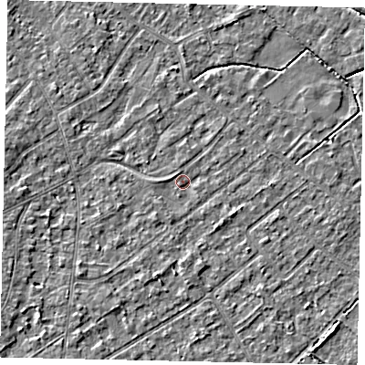 Shaded relief map of the ground around KT123NG, computed from Environment Agency LiDAR. The ground here sits at about 12 m above sea level and falls 4 m across the surrounding 800 m. Surface water reaching this point runs off ground lying to the south-south-west, 1.9 m higher.