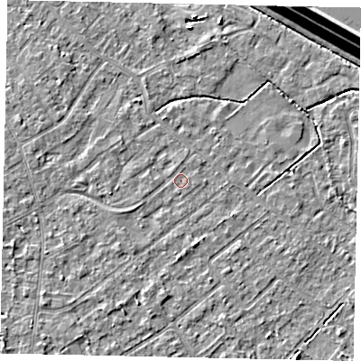 Shaded relief map of the ground around KT123NH, computed from Environment Agency LiDAR. The ground here sits at about 12 m above sea level and falls 15 m across the surrounding 800 m. The ground contributing surface water to this point lies to the south-west.