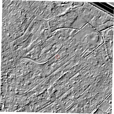Shaded relief map of the ground around KT123NQ, computed from Environment Agency LiDAR. The ground here sits at about 12 m above sea level and falls 15 m across the surrounding 800 m. Surface water reaching this point runs off ground lying to the south-south-west, 1.9 m higher.