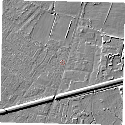Shaded relief map of the ground around KT123PF, computed from Environment Agency LiDAR. The ground here sits at about 13 m above sea level and falls 8 m across the surrounding 800 m. Surface water reaching this point runs off ground lying to the south-west, 5.8 m higher.