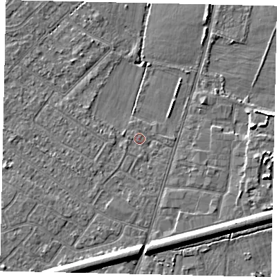 Shaded relief map of the ground around KT123PH, computed from Environment Agency LiDAR. The ground here sits at about 13 m above sea level and falls 8 m across the surrounding 800 m. Surface water reaching this point runs off ground lying to the south-south-west, 6.4 m higher.