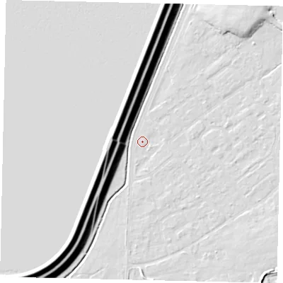 Shaded relief map of the ground around KT123PP, computed from Environment Agency LiDAR. The ground here sits at about 11 m above sea level and falls 16 m across the surrounding 800 m. Surface water reaching this point runs off ground lying to the south, 0.9 m higher.
