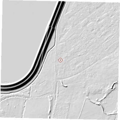 Shaded relief map of the ground around KT123PW, computed from Environment Agency LiDAR. The ground here sits at about 12 m above sea level and falls 16 m across the surrounding 800 m. Surface water reaching this point runs off ground lying to the north-east, 0.6 m higher.