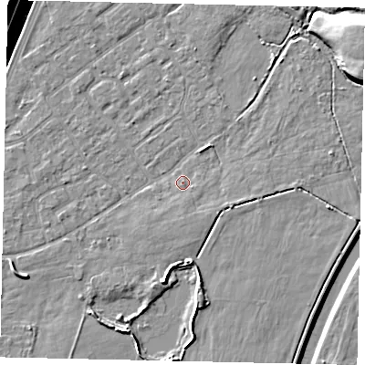 Shaded relief map of the ground around KT123QD, computed from Environment Agency LiDAR. The ground here sits at about 12 m above sea level and falls 17 m across the surrounding 800 m. Surface water reaching this point runs off ground lying to the south-south-east, 0.9 m higher.