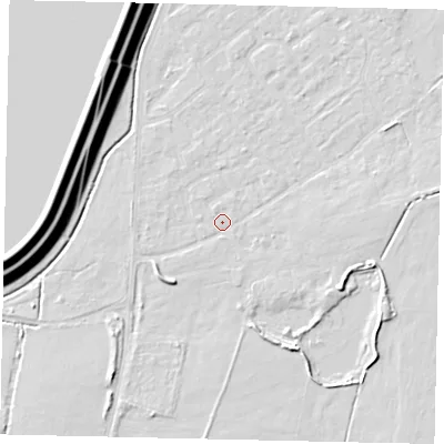 Shaded relief map of the ground around KT123QH, computed from Environment Agency LiDAR. The ground here sits at about 12 m above sea level and falls 16 m across the surrounding 800 m. Surface water reaching this point runs off ground lying to the south-south-east, 3.7 m higher.