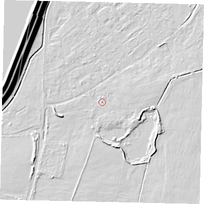 Shaded relief map of the ground around KT123QJ, computed from Environment Agency LiDAR. The ground here sits at about 12 m above sea level and falls 16 m across the surrounding 800 m. Surface water reaching this point runs off ground lying to the east-south-east, 1.9 m higher.