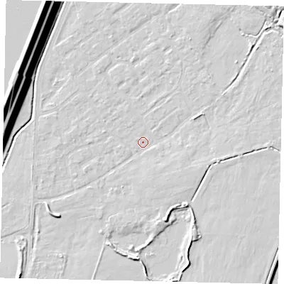 Shaded relief map of the ground around KT123QL, computed from Environment Agency LiDAR. The ground here sits at about 11 m above sea level and falls 17 m across the surrounding 800 m. Surface water reaching this point runs off ground lying to the south-west, 3.3 m higher.