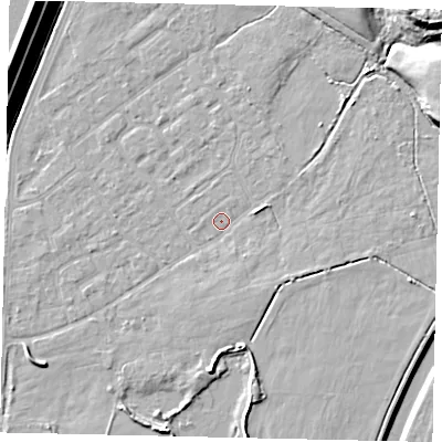 Shaded relief map of the ground around KT123QN, computed from Environment Agency LiDAR. The ground here sits at about 11 m above sea level and falls 17 m across the surrounding 800 m. Surface water reaching this point runs off ground lying to the south-south-west, 3.0 m higher.