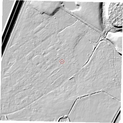 Shaded relief map of the ground around KT123QP, computed from Environment Agency LiDAR. The ground here sits at about 11 m above sea level and falls 17 m across the surrounding 800 m. Surface water reaching this point runs off ground lying to the west-north-west, 0.7 m higher.