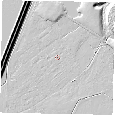 Shaded relief map of the ground around KT123QS, computed from Environment Agency LiDAR. The ground here sits at about 11 m above sea level and falls 16 m across the surrounding 800 m. Surface water reaching this point runs off ground lying to the east-south-east, 0.7 m higher.