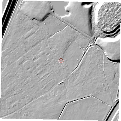 Shaded relief map of the ground around KT123QT, computed from Environment Agency LiDAR. The ground here sits at about 11 m above sea level and falls 17 m across the surrounding 800 m. Surface water reaching this point runs off ground lying to the north-north-west, 1.1 m higher.