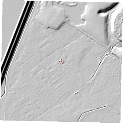 Shaded relief map of the ground around KT123QU, computed from Environment Agency LiDAR. The ground here sits at about 11 m above sea level and falls 16 m across the surrounding 800 m. Surface water reaching this point runs off ground lying to the south-south-east, 0.7 m higher.