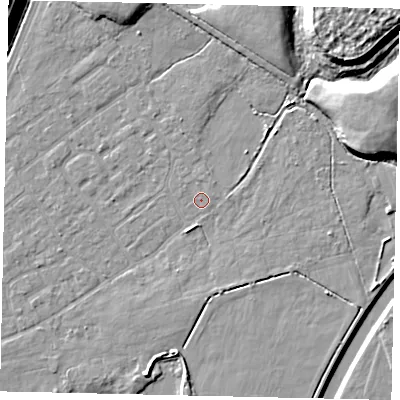 Shaded relief map of the ground around KT123QW, computed from Environment Agency LiDAR. The ground here sits at about 12 m above sea level and falls 13 m across the surrounding 800 m. The ground contributing surface water to this point lies to the north.