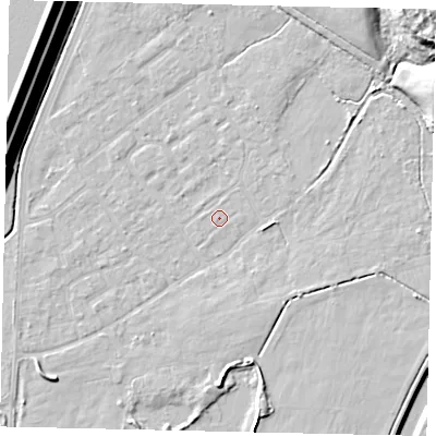 Shaded relief map of the ground around KT123QX, computed from Environment Agency LiDAR. The ground here sits at about 11 m above sea level and falls 17 m across the surrounding 800 m. The ground contributing surface water to this point lies to the west.