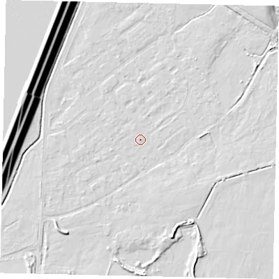 Shaded relief map of the ground around KT123QY, computed from Environment Agency LiDAR. The ground here sits at about 12 m above sea level and falls 16 m across the surrounding 800 m. Surface water reaching this point runs off ground lying to the south-west, 3.0 m higher.